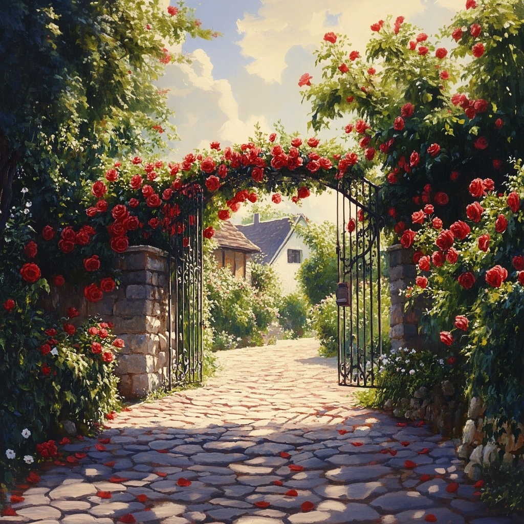 Obraz Na Plátně Canvas Brána Červené Růže Venkovská Zahrada Dům Příroda 80x80