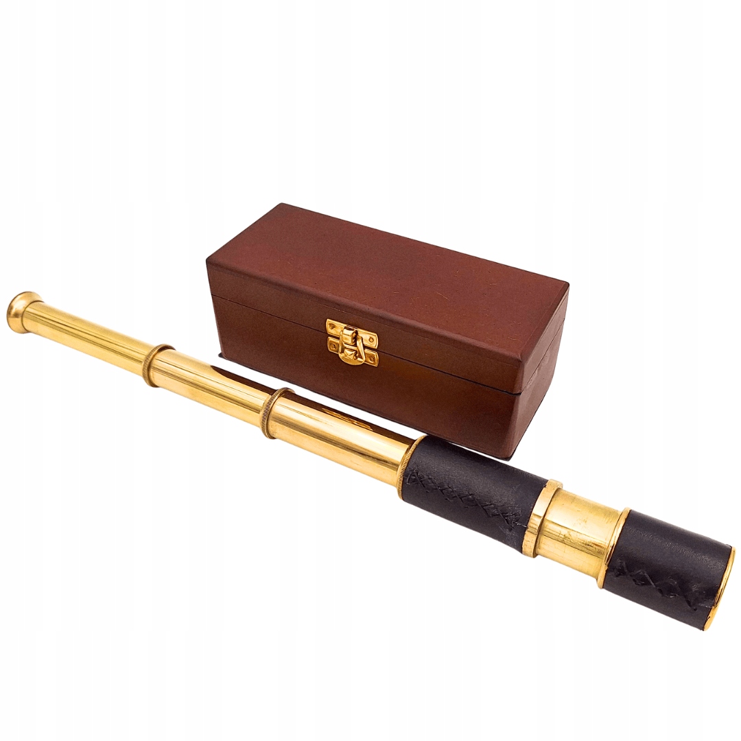 Mosazně-kožený dalekohled v dřevěné krabičce Retro dekorace