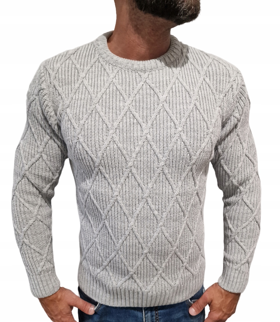 CIEPŁY GRUBY SWETER MĘSKI CASUAL ROMBY SZARY - XL