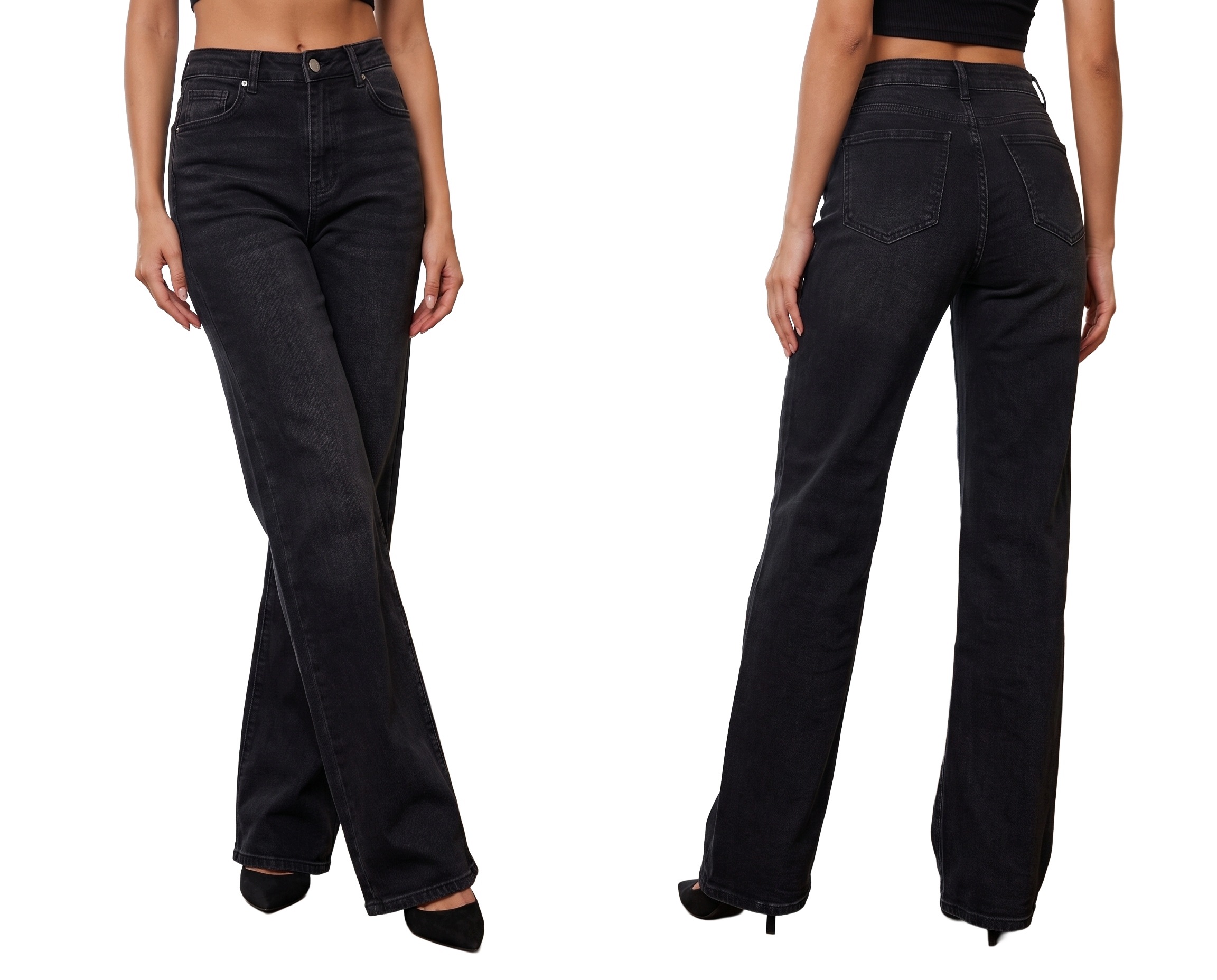 Spodnie Damskie Jeansy Dzwony Szerokie Wide Leg Elastyczne Tall Szare L