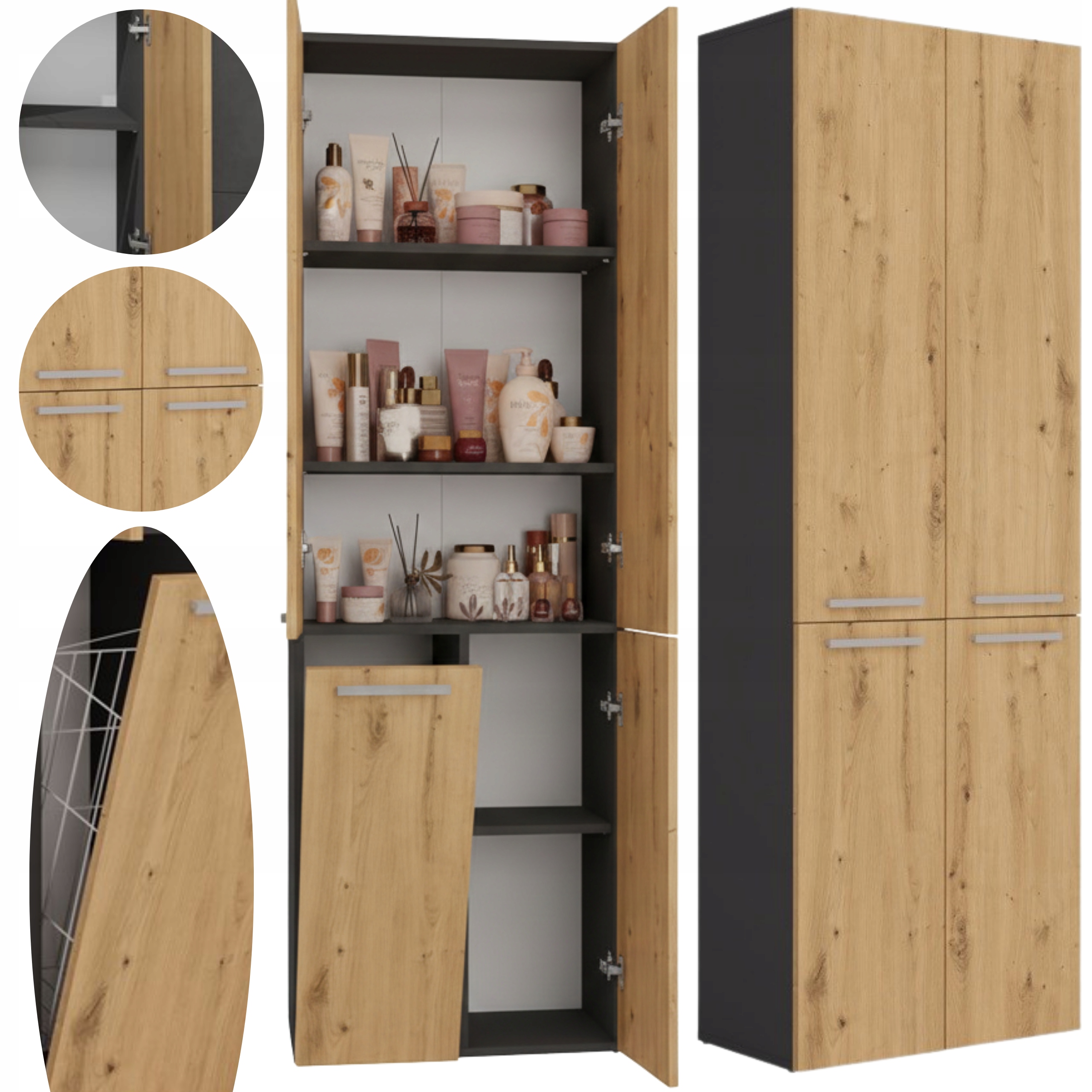 Szafka do łazienki słupek łazienkowy z koszem 5 półek 174x60 dąb antracyt