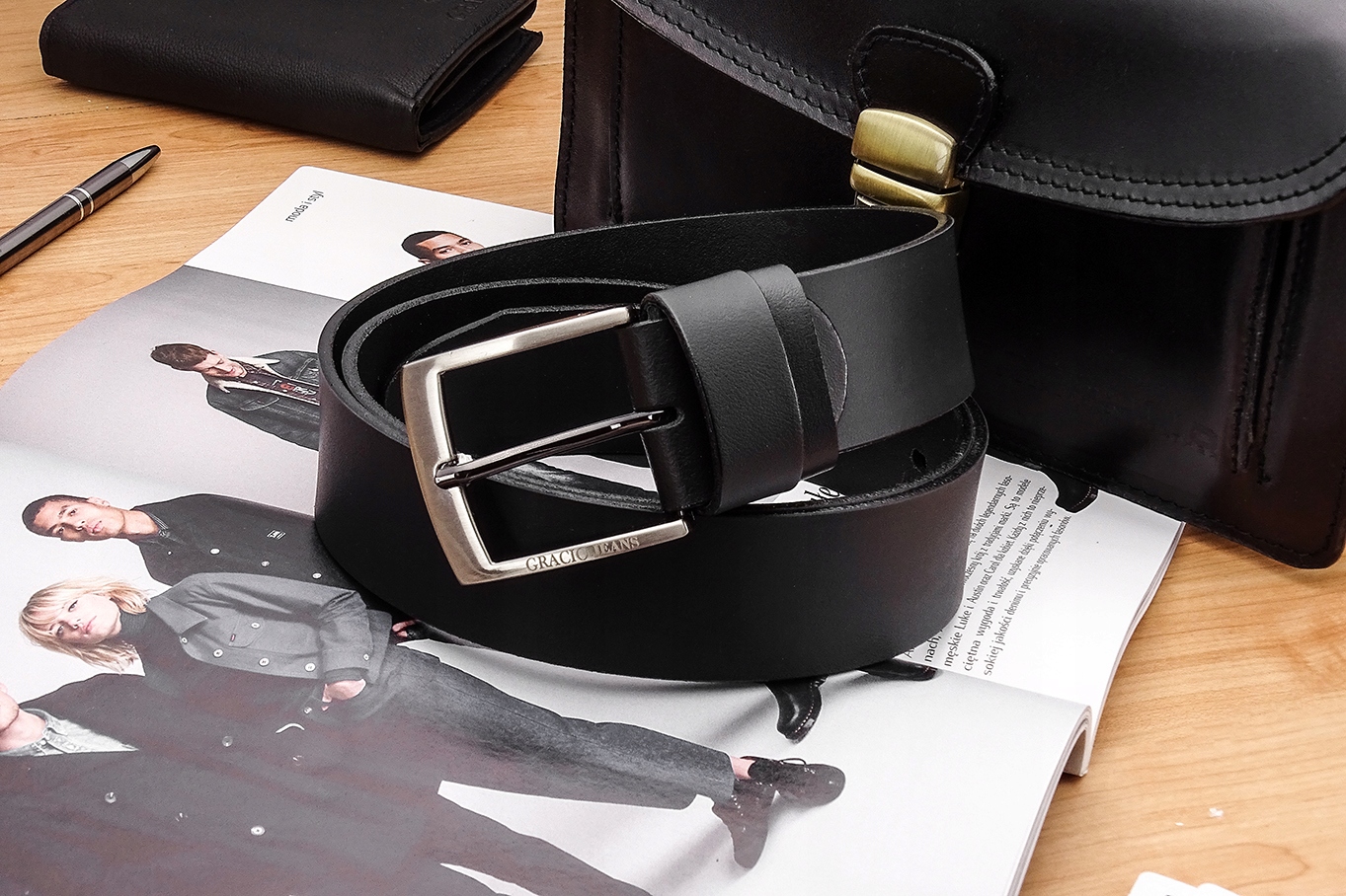 PASEK MĘSKI GRACIO BIZNES SKÓRZANY SZEROKI 4 DŁUGI Wzór dominujący bez wzoru