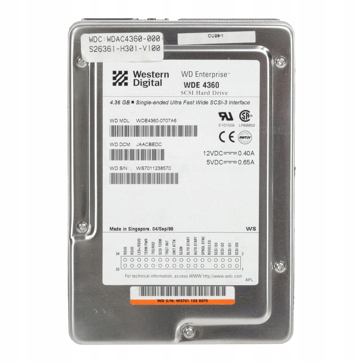 Fujitsu S26361-H301-V100 4.36GB 7.2K Scsi 68-PIN 3.5'' WDE4360-0707A6 Pevný disk 4.36 Gb, 7200 ot./min, Scsi 68-pin, 3.5"