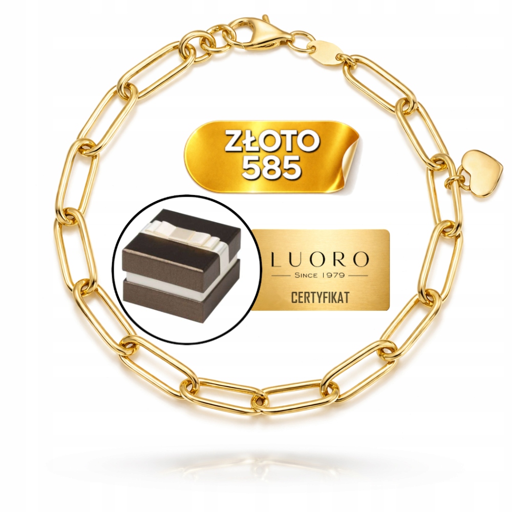 Zlatý Náramek 585 14K S Dlouhými Články A Srdcem 18 CM Elegantní