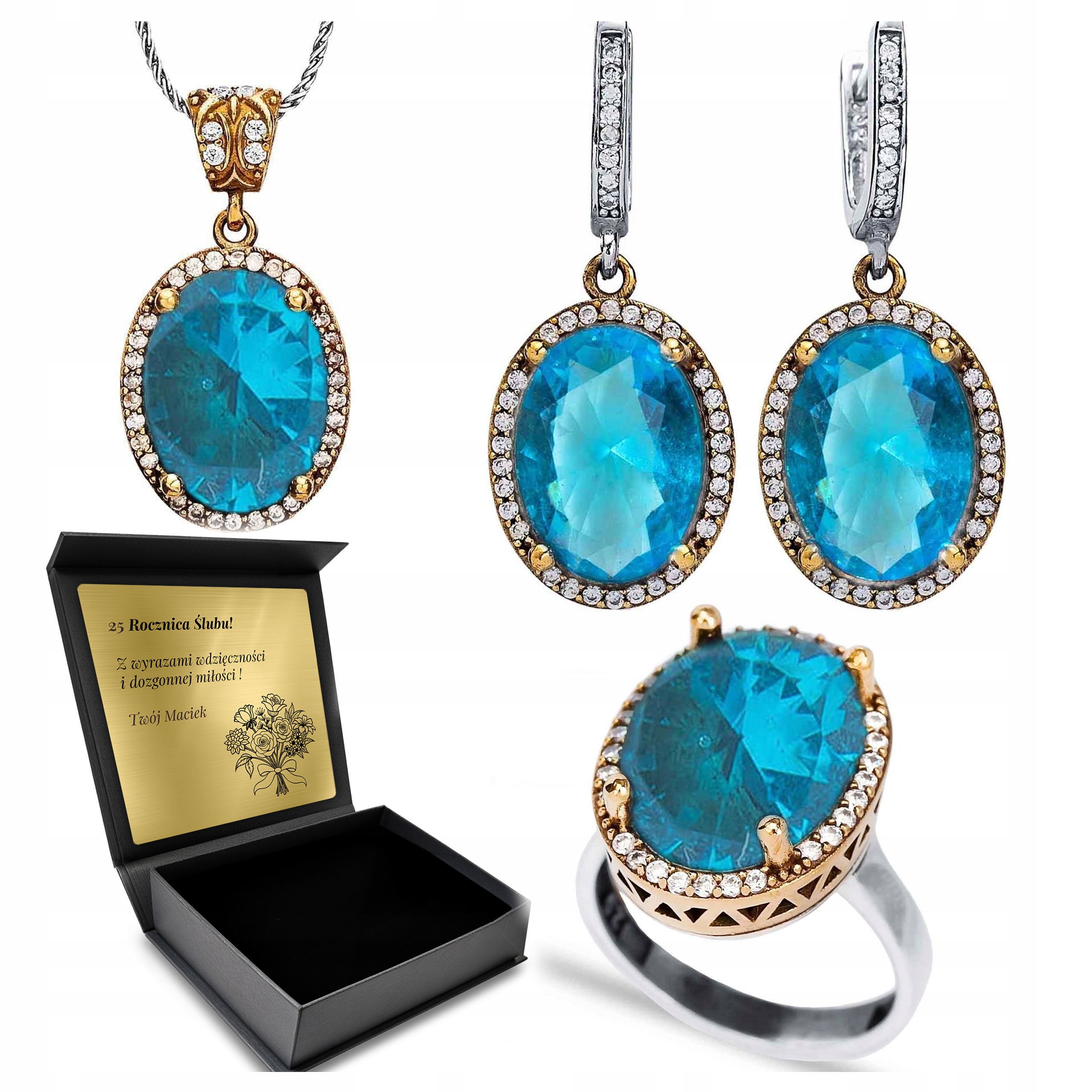 Sada Stříbrných Šperků 925 Se Zirkony A Modrým Topazem Gravírování