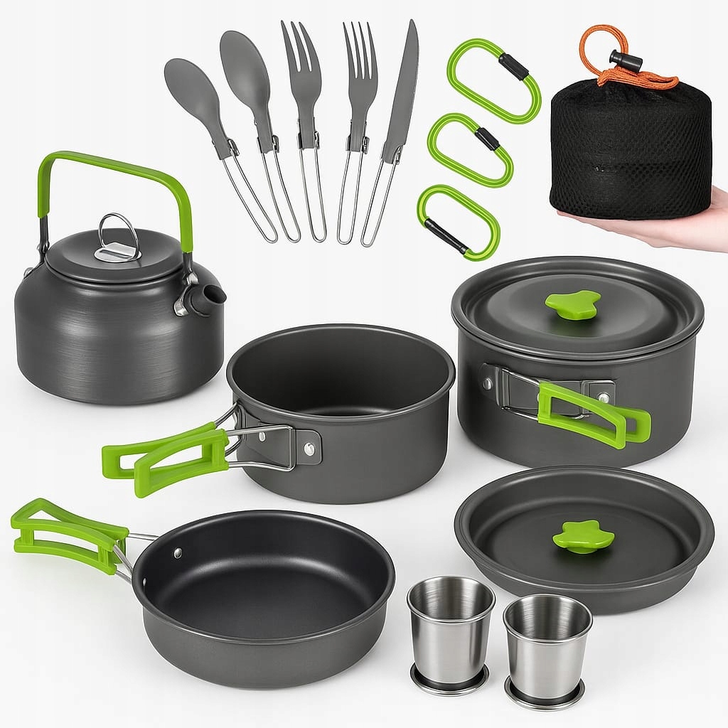 Naczynia Turystyczne Garnki Sztućce Patelnia Kubki Czajnik Zestaw. + ETUI