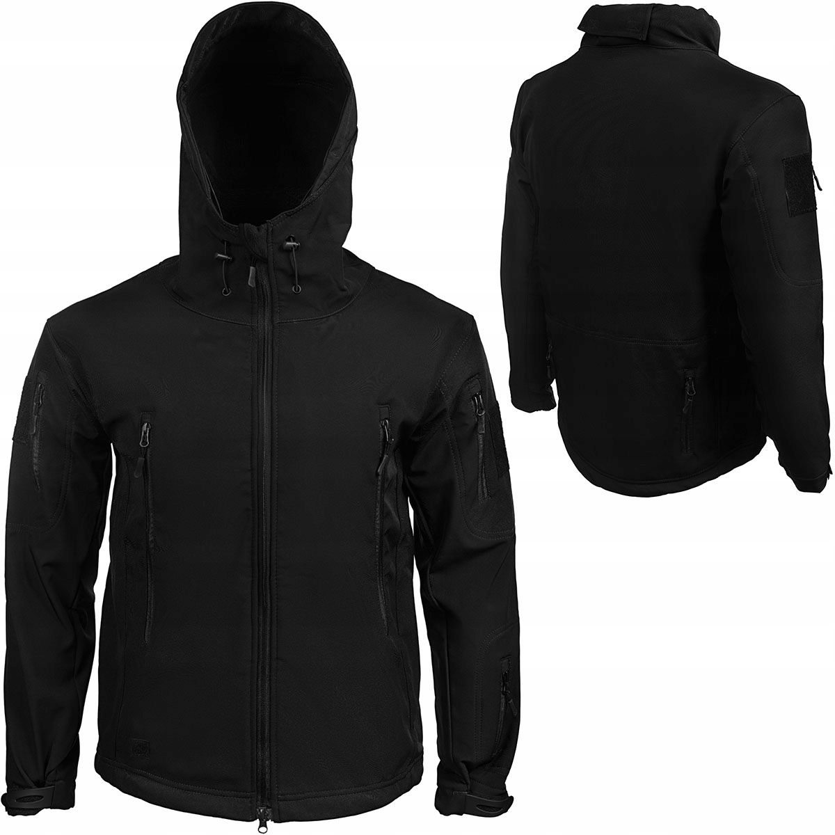 Taktická softshellová bunda s Polarem, 8 kapsami a kapucí, černá, XXL