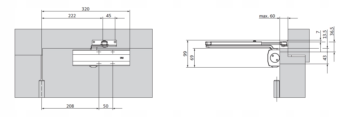 Samozamykacz GU BKS OTS 210 kpl. z blokadą srebrny Maksymalna szerokość drzwi 110 cm
