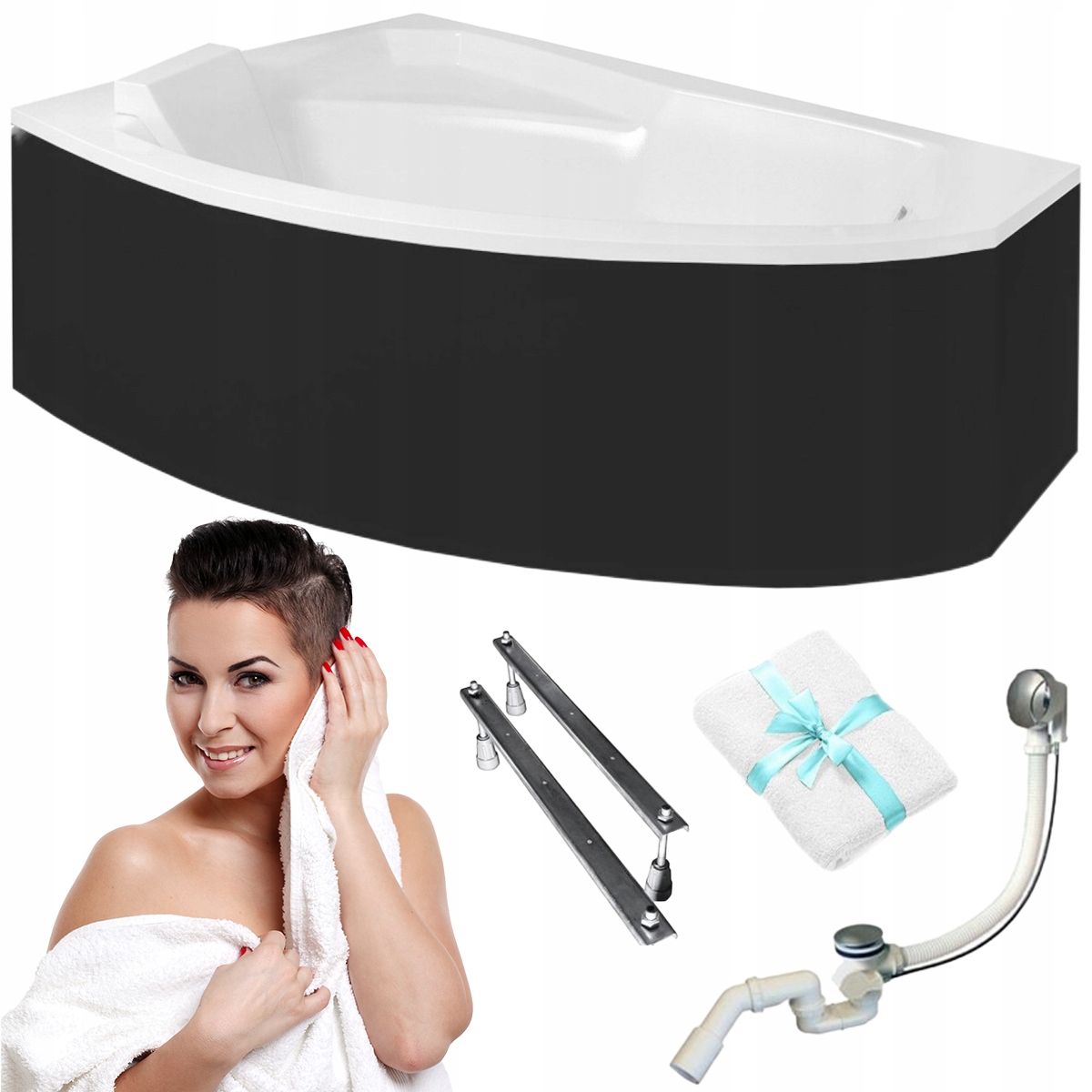 Besco Asymetrická vana 170x110 Rima Levá s černým krytem sifon