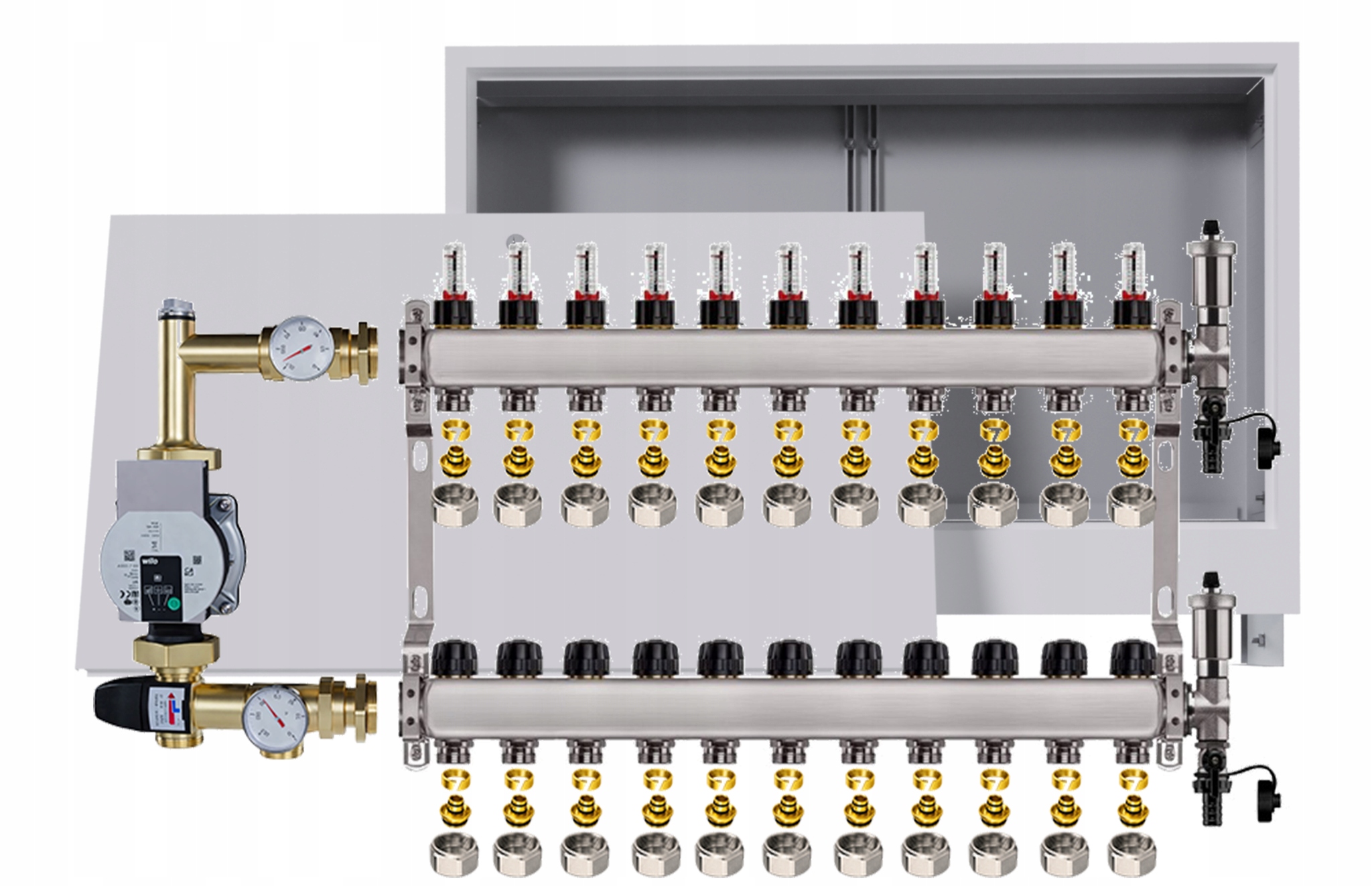 Nerezový rozdělovač pro podlahovku 11, podomítková skříňka Pompa Wilo +pex