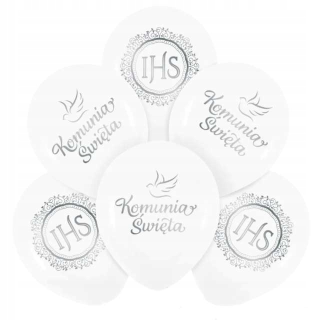 BALONY lateksowe biało srebrne PIERWSZA KOMUNIA ŚWIĘTA IHS