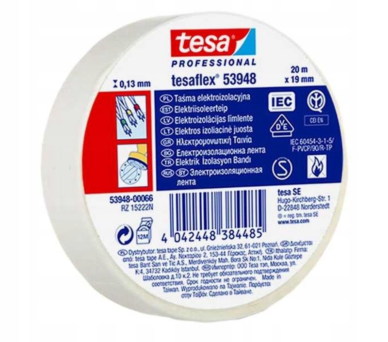 Profesjonalna taśma izolacyjna Tesa 19mm 20m Biała Oryginał