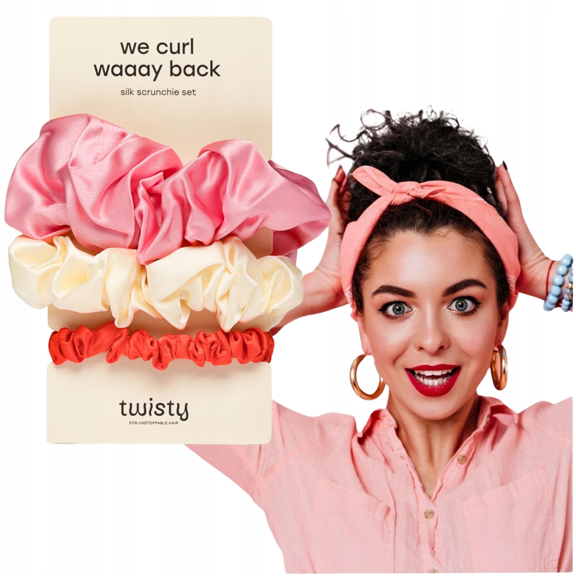 Sada Gumiček Na Vlasy 3x hedvábné Scrunchie růžová červená krémová Twisty