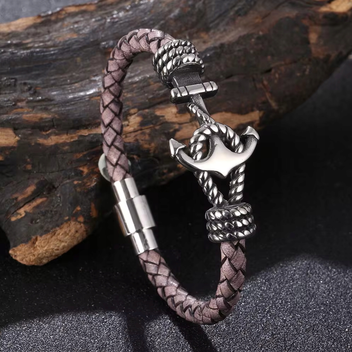 Náramek Kotva Kožená Ocel Šedá Pletená Pevné Zapínání Magnet