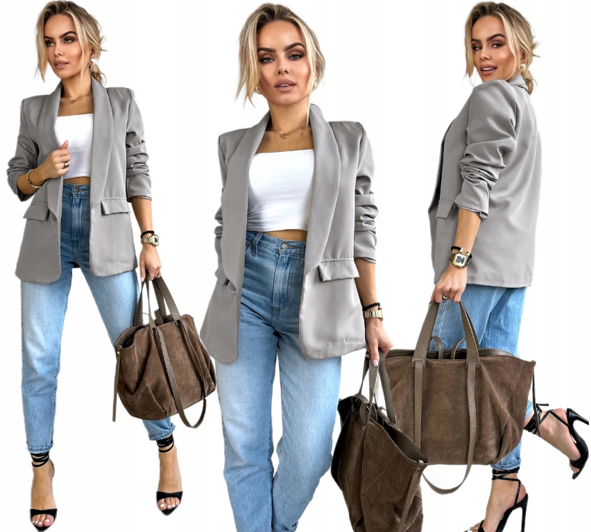 Popielata Marynarka Damska Żakiet drapowane rękawy 46 Plus Size