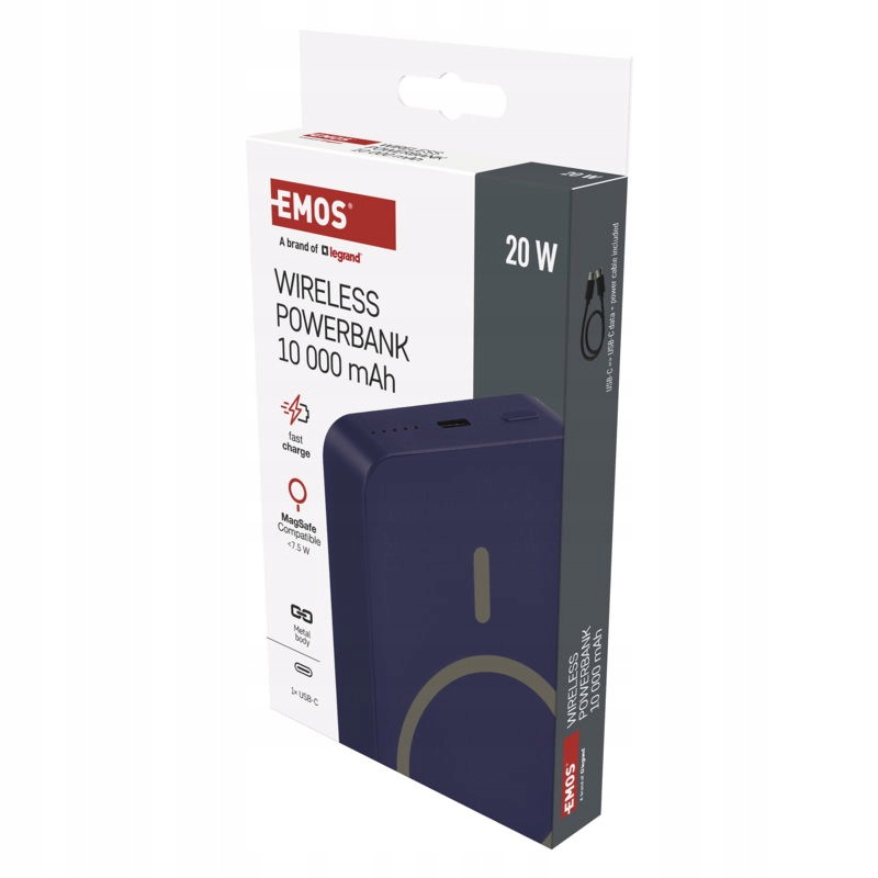Emos Powerbank Wi 1046, ładowanie bezprzewodowe 20W, 10.000mAh, Niebieski, 1xUSB-C