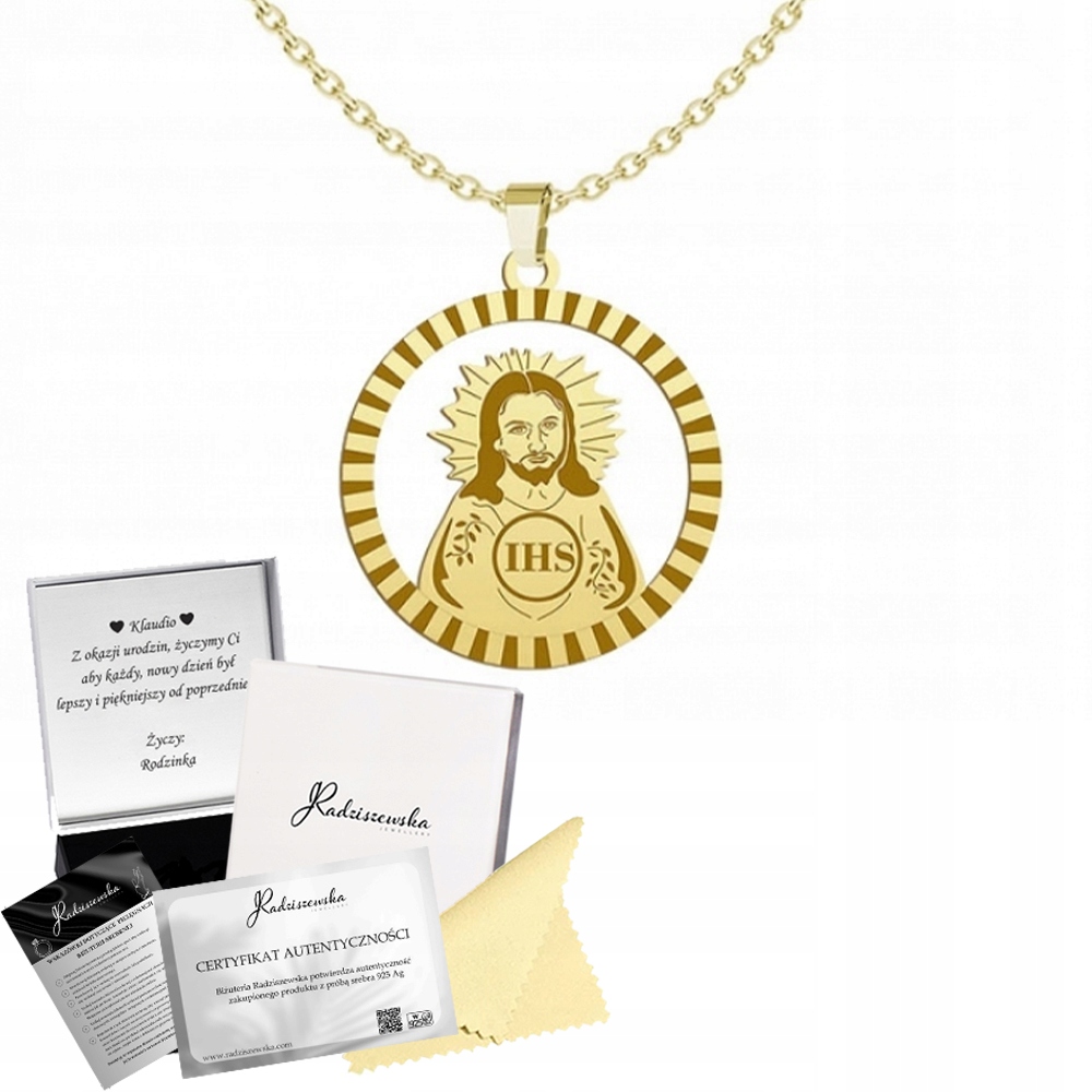 Zlatý Medailonek s Pánem Ježíšem Řetízek Stříbro 925 Dárek Křest Gravírování