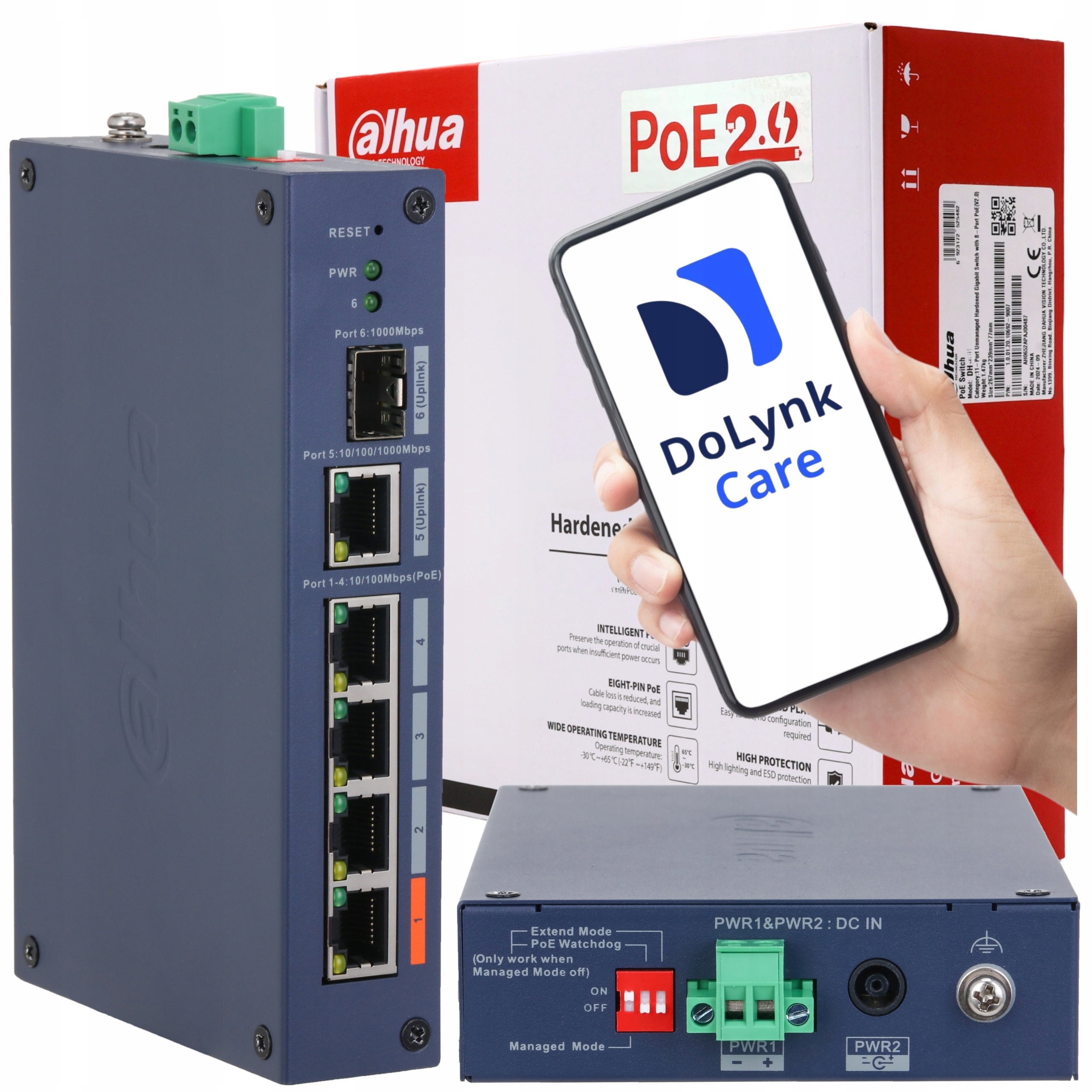 Switch przemysłowy Dahua CHS4106-4ET-60 4-port RJ45 60W Sfp przełącznik Dip