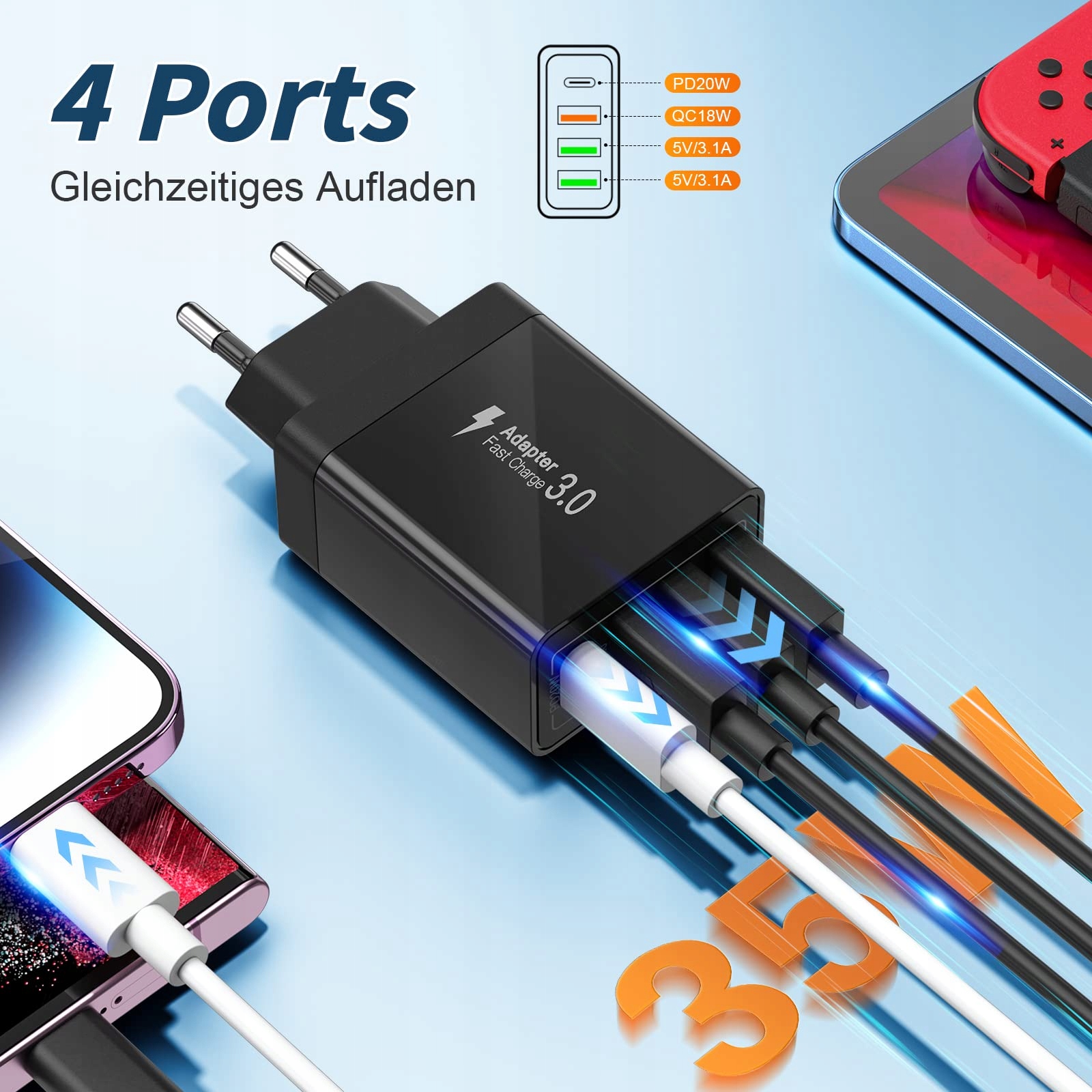 Ładowarka USB C 35 W, Acezeek do szybkiego ładowaniaPD20 W/QC3.0/3.1A — miniatura 2