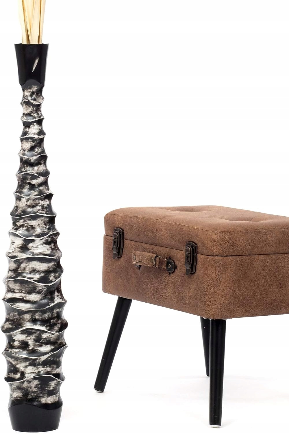 Leewadee Wysoki drewniany wazon boho 85 cm drewno mango czarny białe