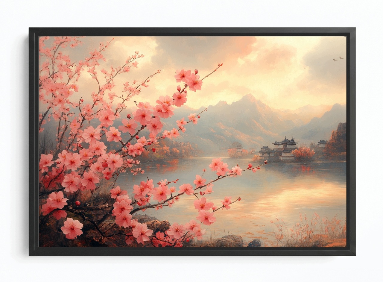 Obraz Rám Americká Krajina Pagoda Dřevo Květiny Višeň Sakura 60x40