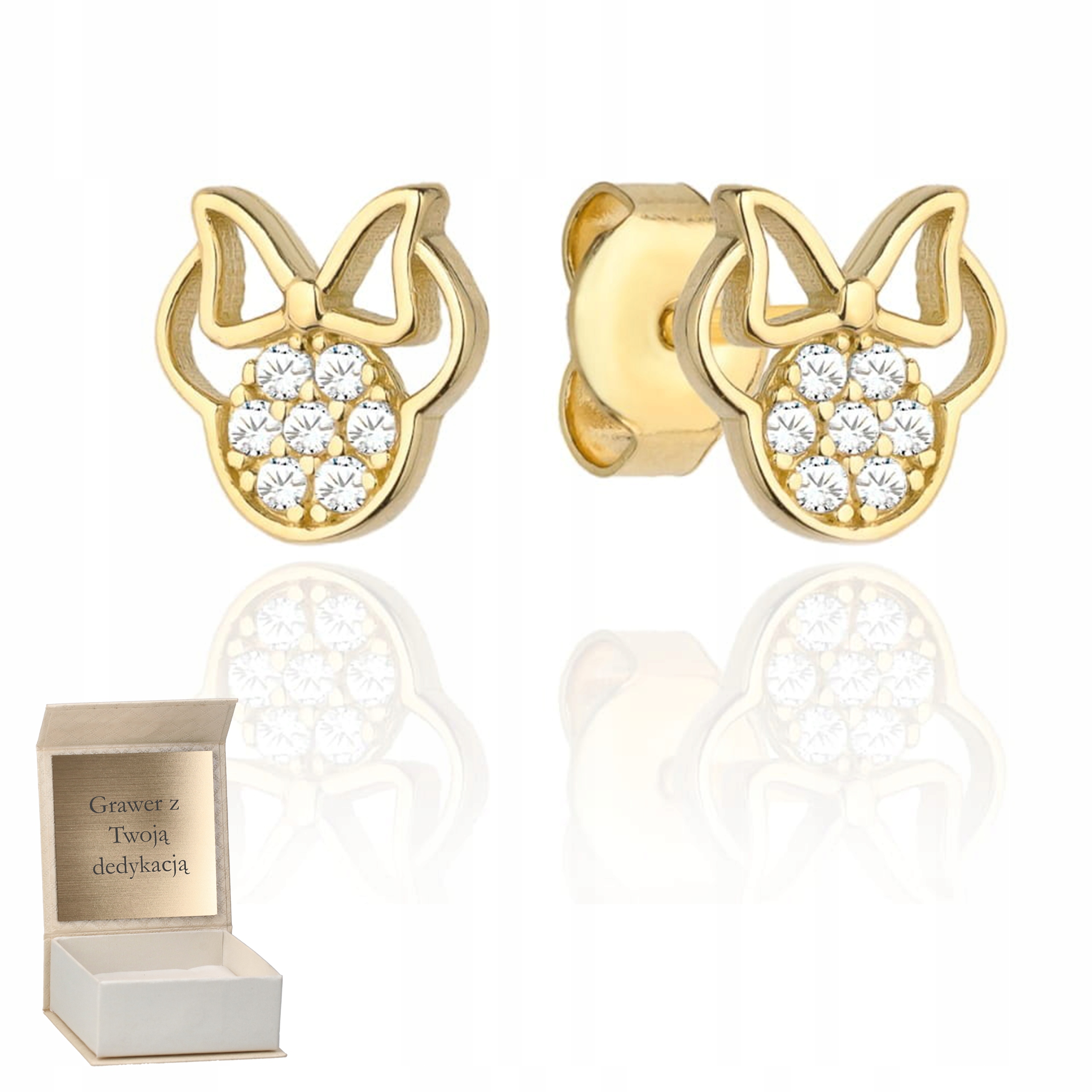 Zlaté náušnice Myška s mašlí a zirkony tyčinka zlato ryzost 585 Gravírování