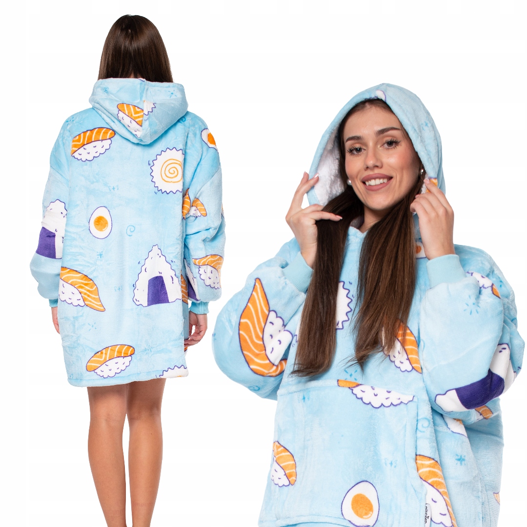 Mikina Deka Mikinová Deka 2v1 Oversize Kapuce Tlustá Sherpa Modrá v Sushi