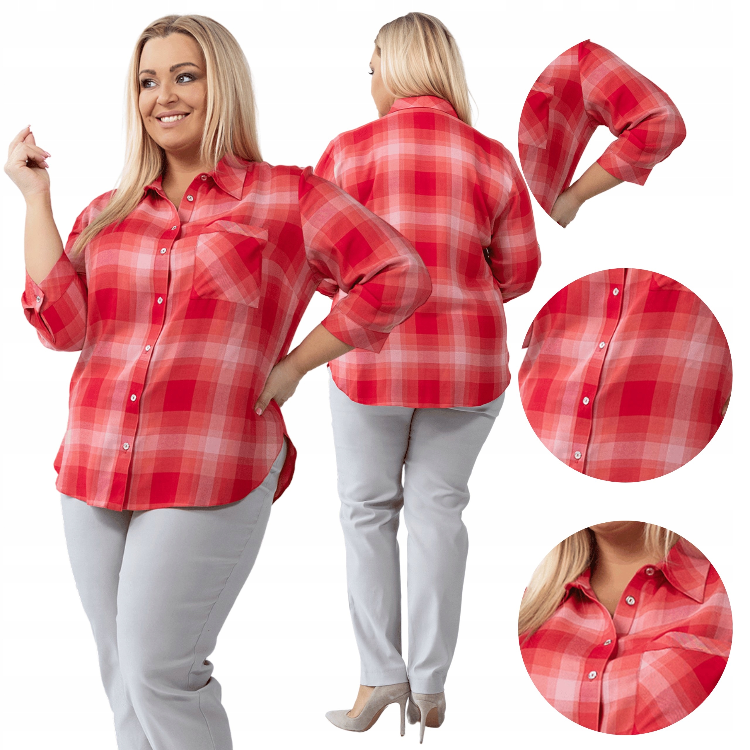 Ležérní kostkovaná košile s vícebarevným výstřihem a 3/4 rukávem Plus Size 44