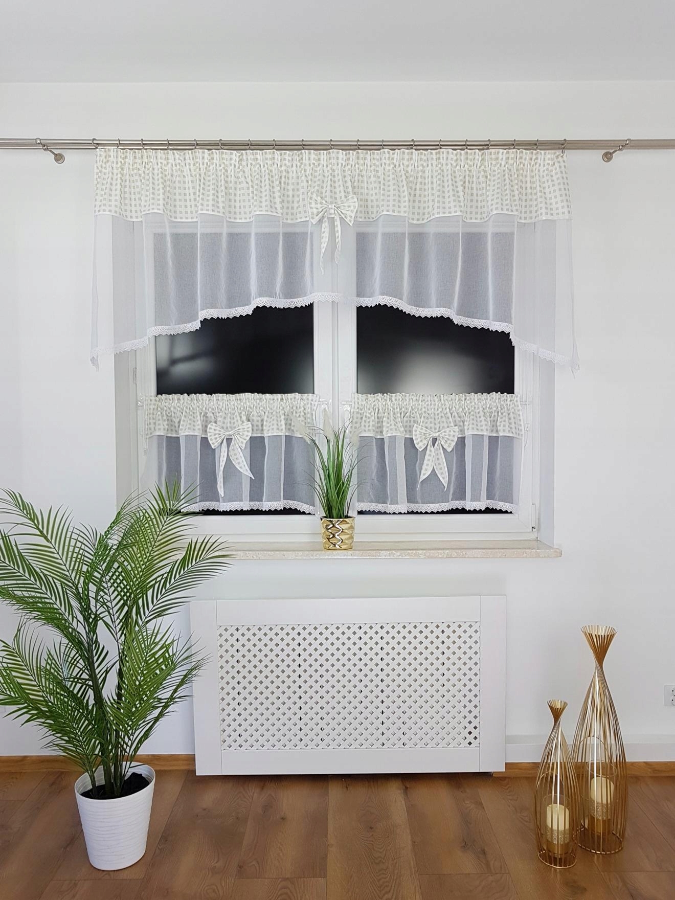 Gotowa Firana Do Kuchni Zazdrostki Na Taśmie Biała Oliwkowa