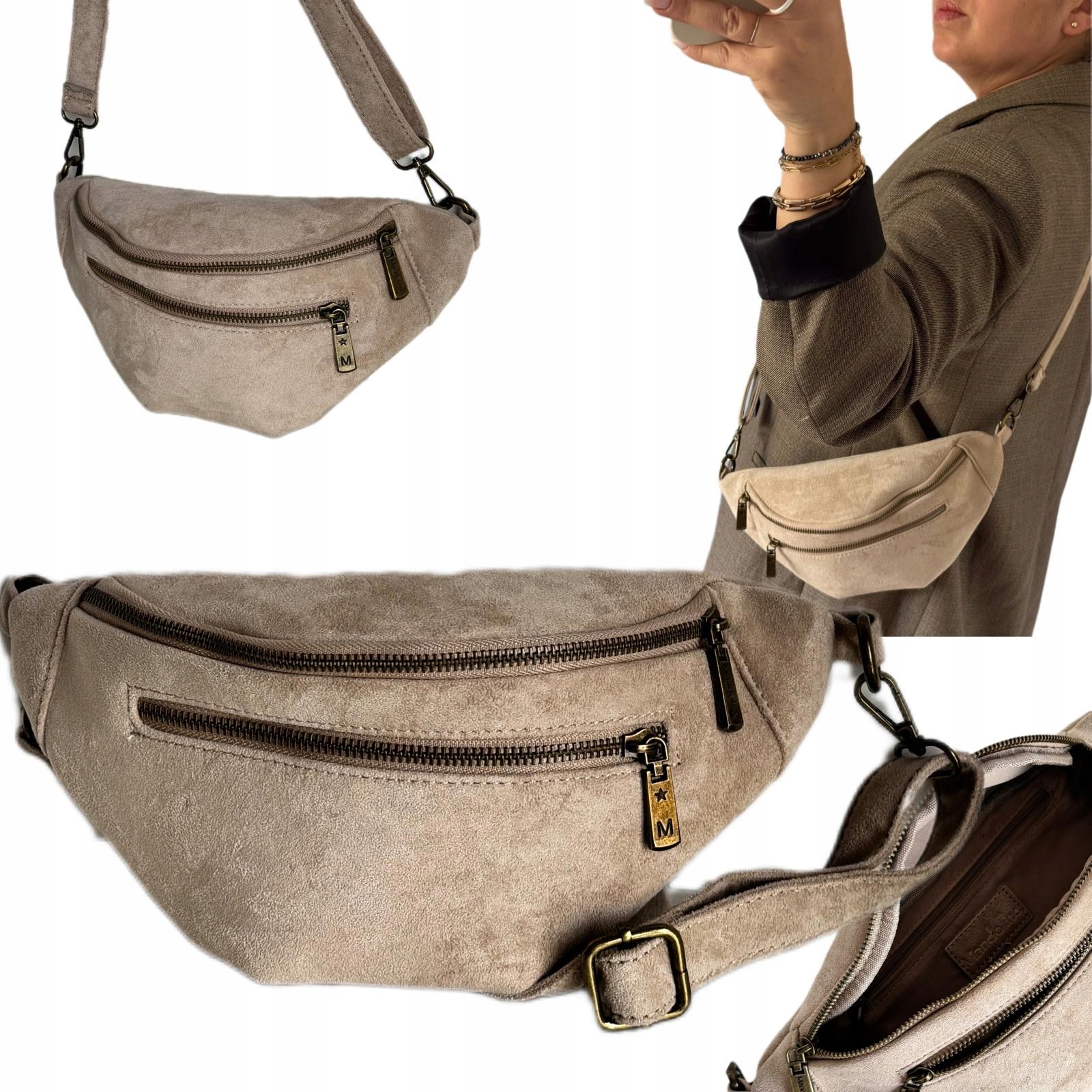 Torebka Damska Nerka Listonoszka Mandoline Beżowa Skóra Eco Zamszowa Viral