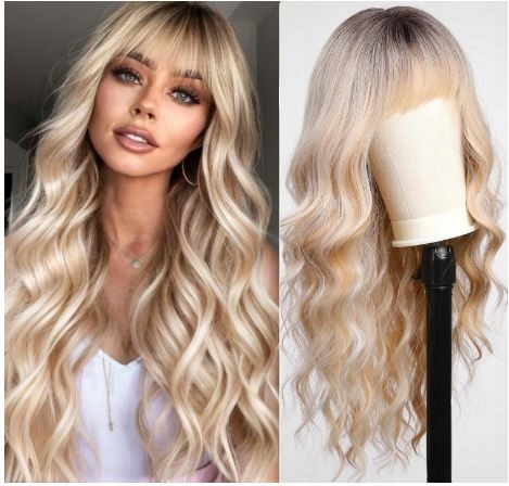 Emmor paruka s ofinou syntetická dlouhá vlnitá blond s pramínky 70 cm