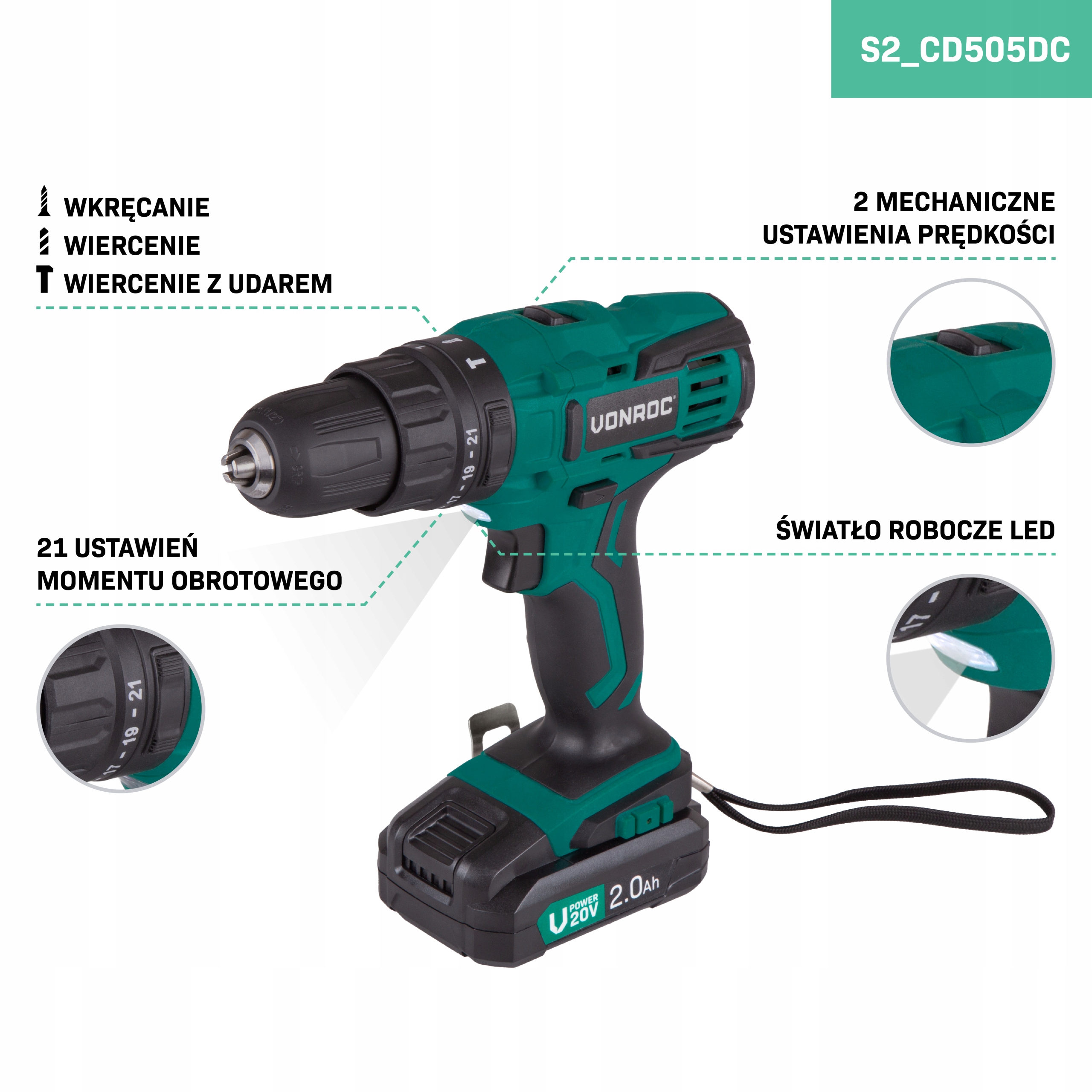 AKUMULATOROWA WIERTARKA UDAROWA 20V zestaw Marka VONROC