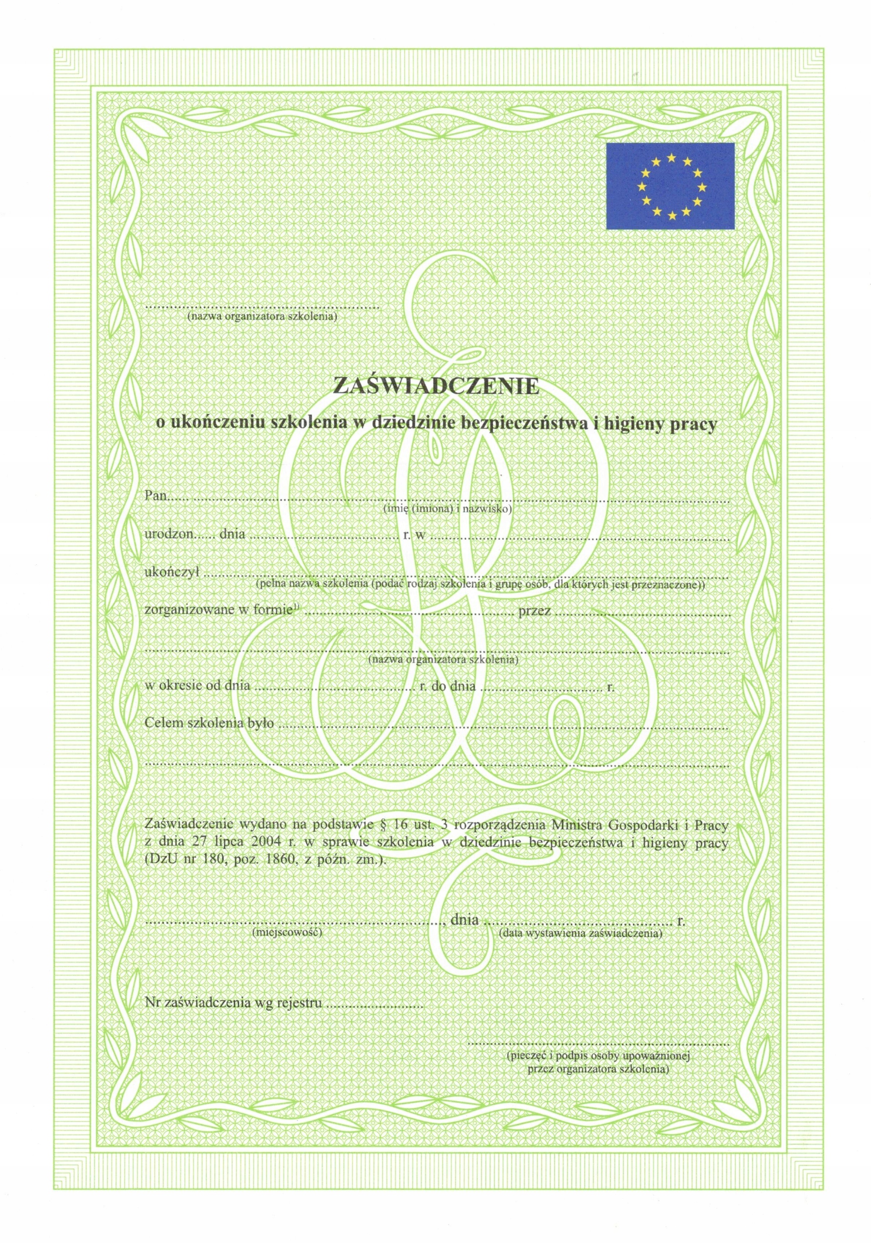 

Zaświadcz. o ukończeniu szkolenia Bhp Ue 10 szt.