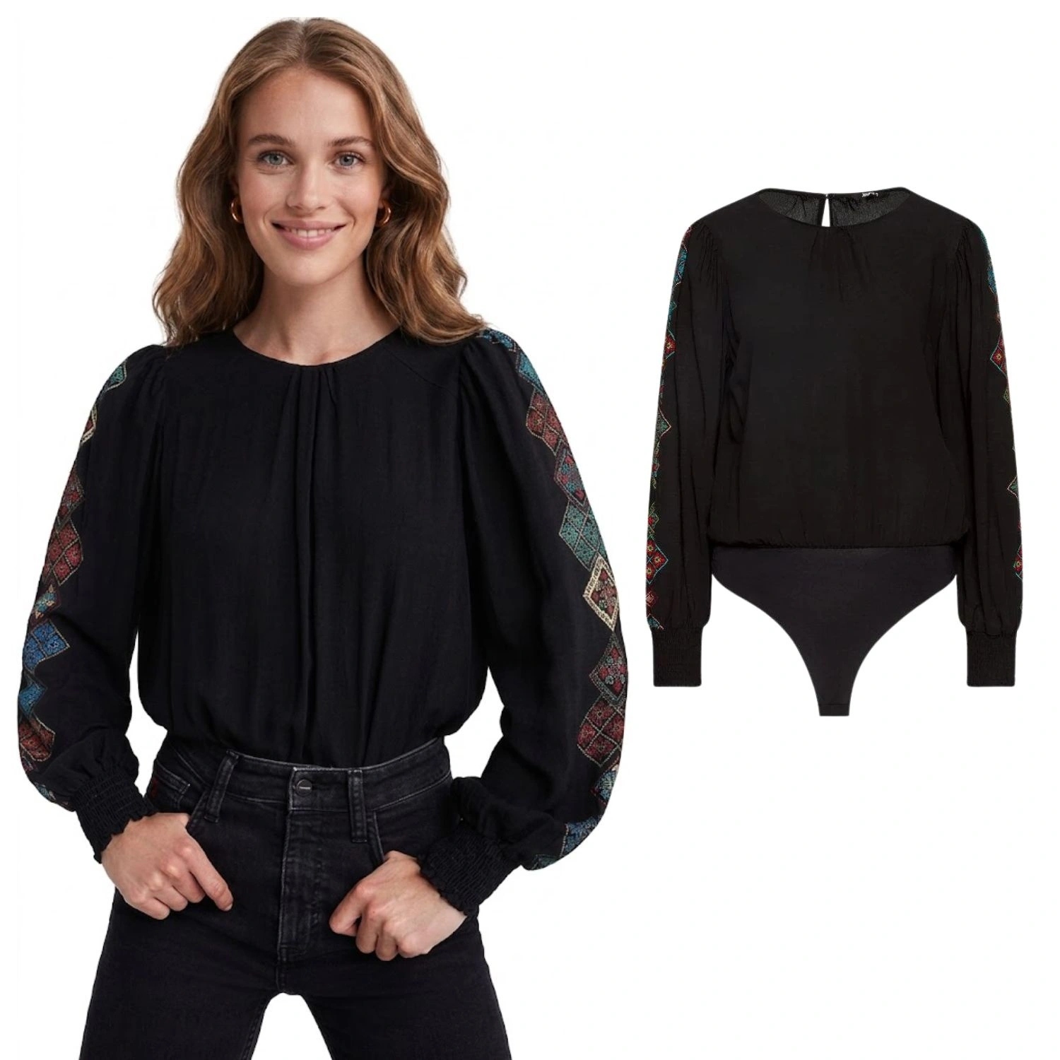 Dámské body Desigual Candy černé s etnickým potiskem, dlouhý rukáv, velikost vel.