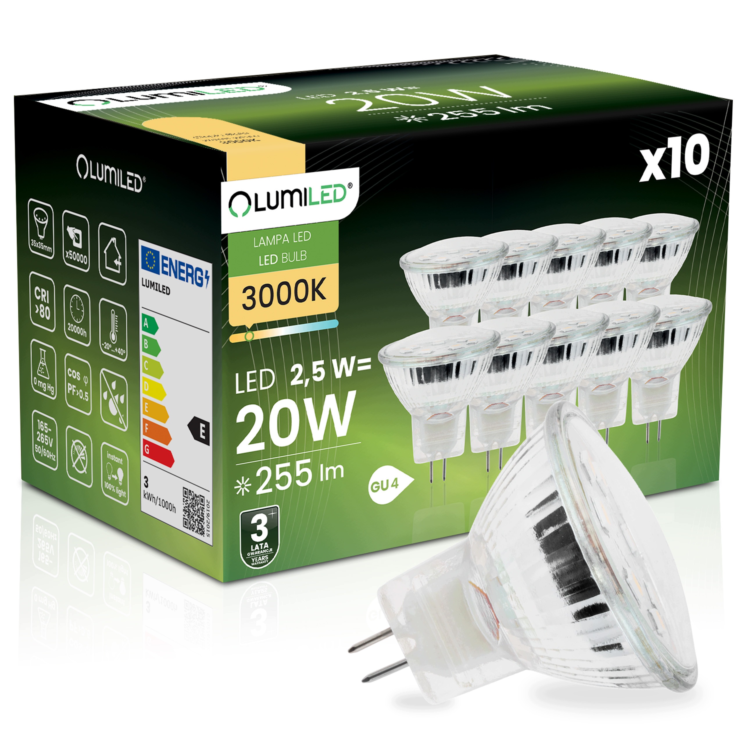 10x Led žárovka GU4 Reflektor MR11 2,5W 20W 255lm 3000K 120° 12V Lumiled