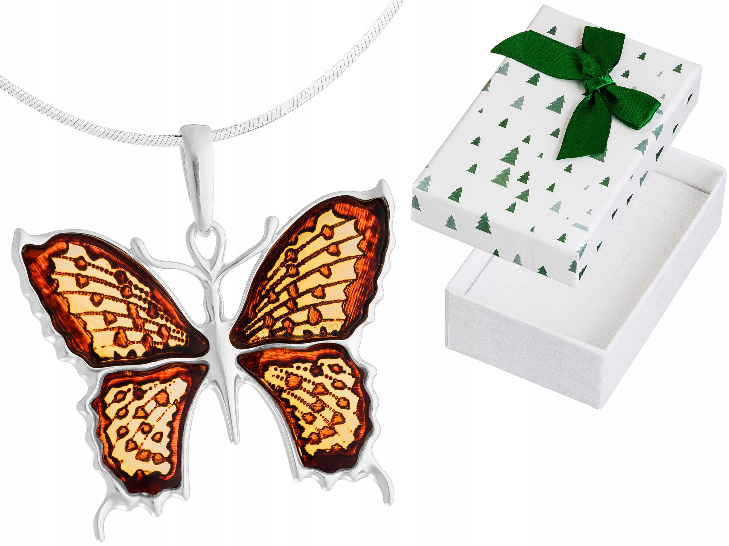 Velký stříbrný dámský náhrdelník Motýl s jantarem Motýlek Dlouhý Stříbro 55 cm