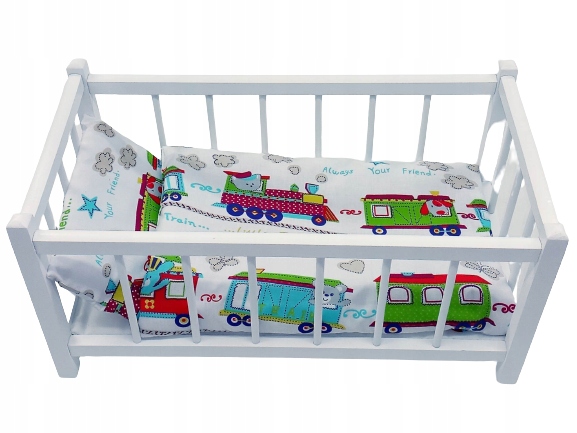 BIAŁE DREWNIANE ŁÓŻECZKO DLA LALEK + POŚCIEL 3 elementy