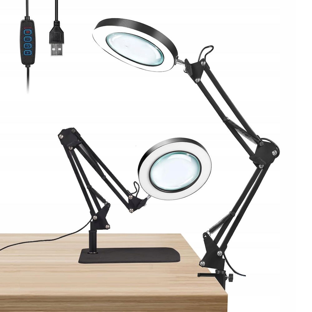 Černá Led Lampa S 8X Lupou, 3 Barvy Usb Pro Čtení A Šití Na Stůl