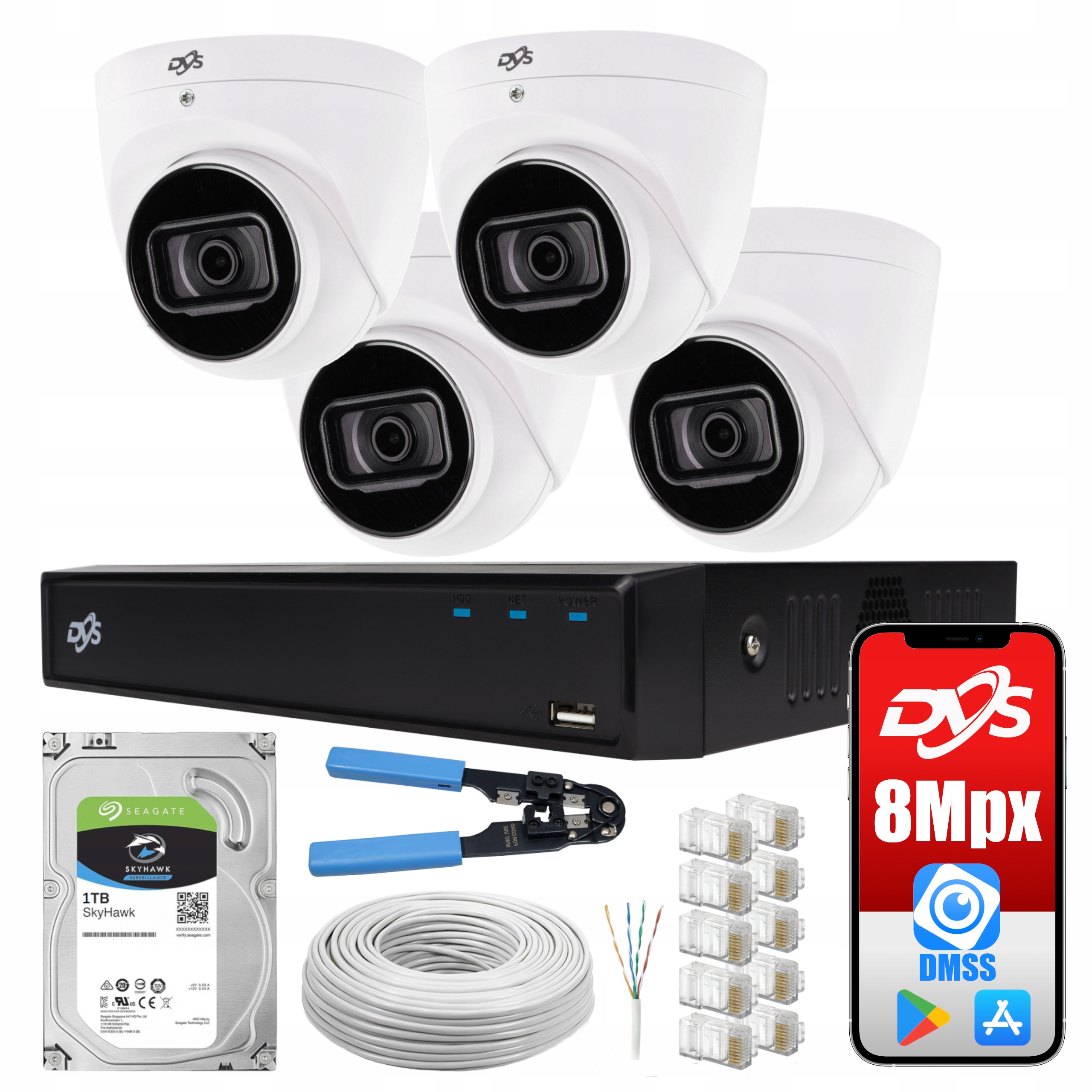 ZESTAW DO MONITORINGU PoE IP 4 KAMERY 8MPX 4K ZEWNĘTRZNE Z PODCZERWIENIĄ