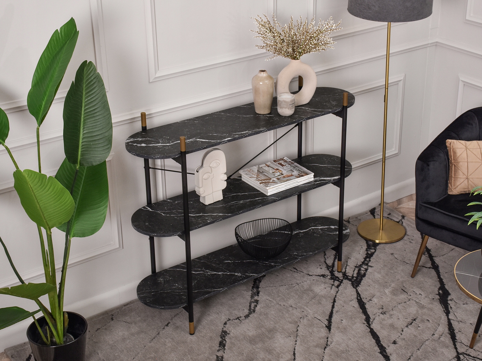 PRAKTYCZNA KONSOLA Z 3 PÓŁKAMI REGAŁ NISKI INGRID CIEMNY MARMUR GLAMOUR Marka Mebel-Partner