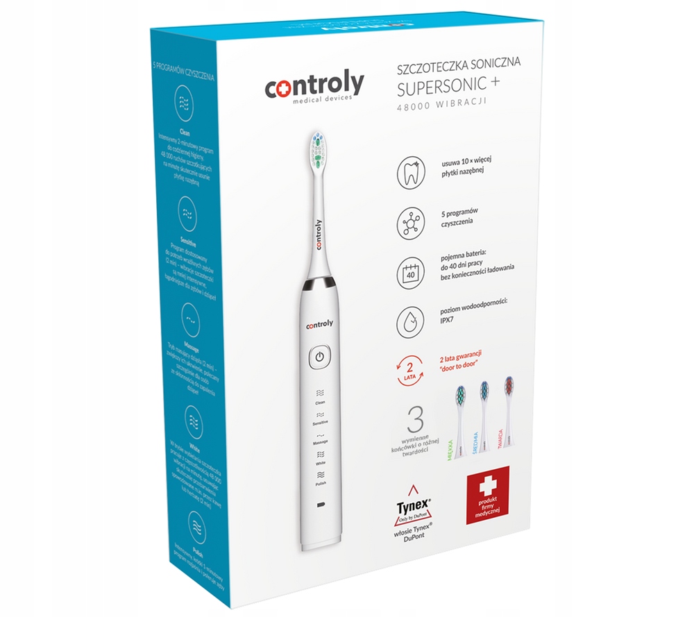 Controly Supersonic+ Szczoteczka soniczna do zębów z 3 końcówkami Biała