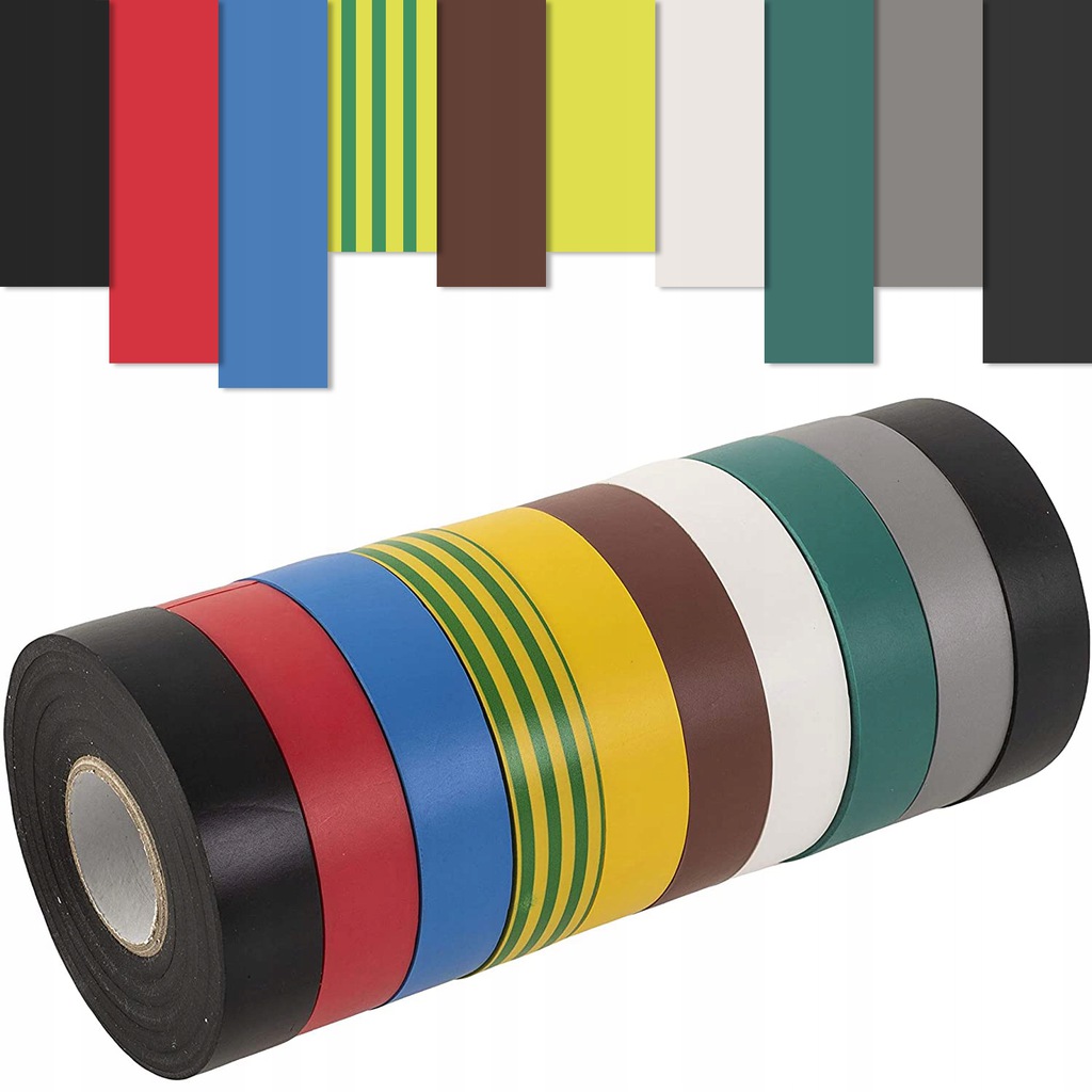 Mocna Taśma Izolacyjna MIX Kolorów Pvc Tęcza Długie 10 szt 19mm x 10m