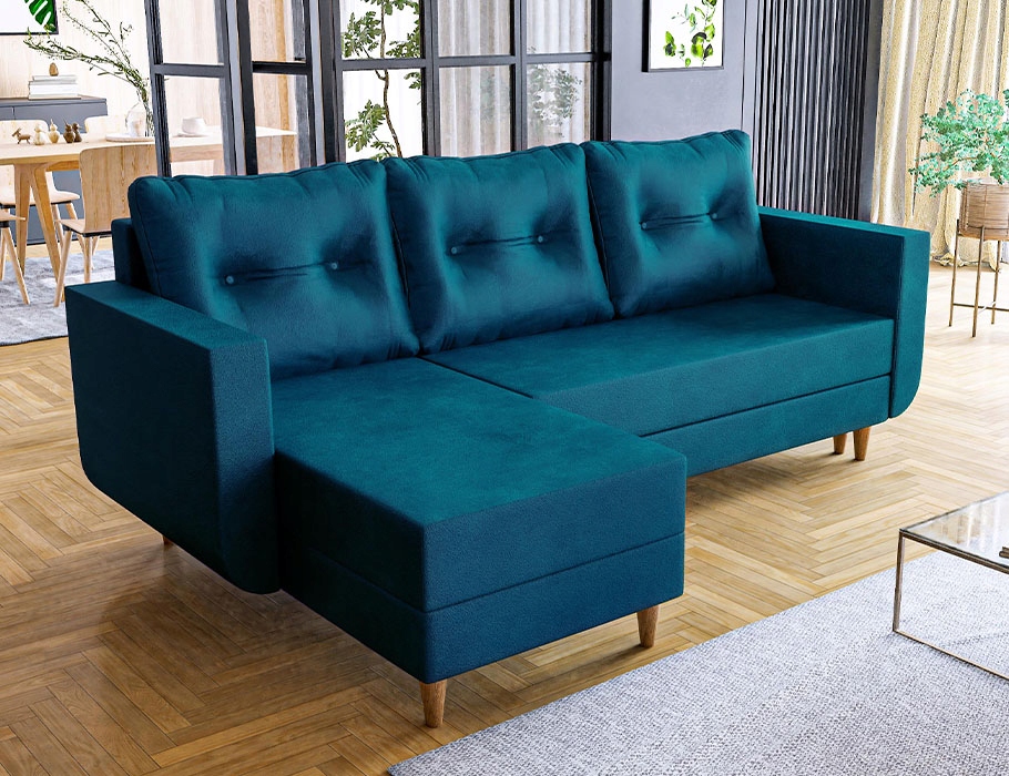 Skandinávská rohová sedačka s funkcí spaní Baldur tmavě modrá na nožičkách.