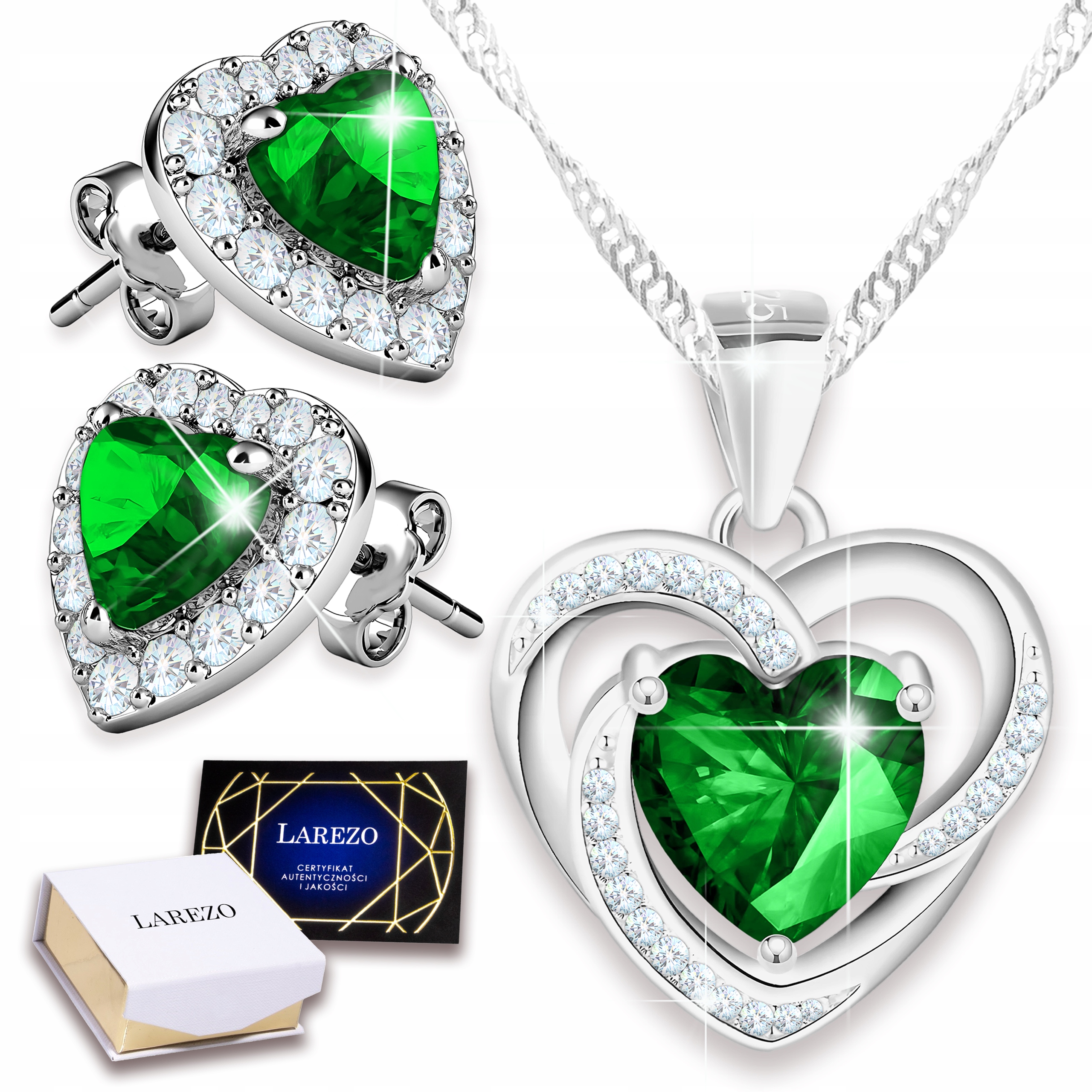 Sada stříbrných šperků Náhrdelník a Náušnice Zelené srdce Srdíčka