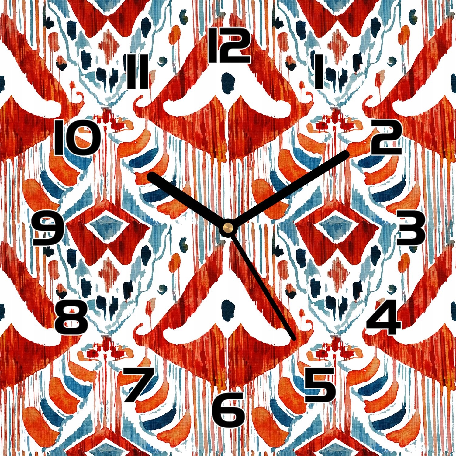 

Szklany zegar Ikat etniczny styl akwarela 30x30 cm