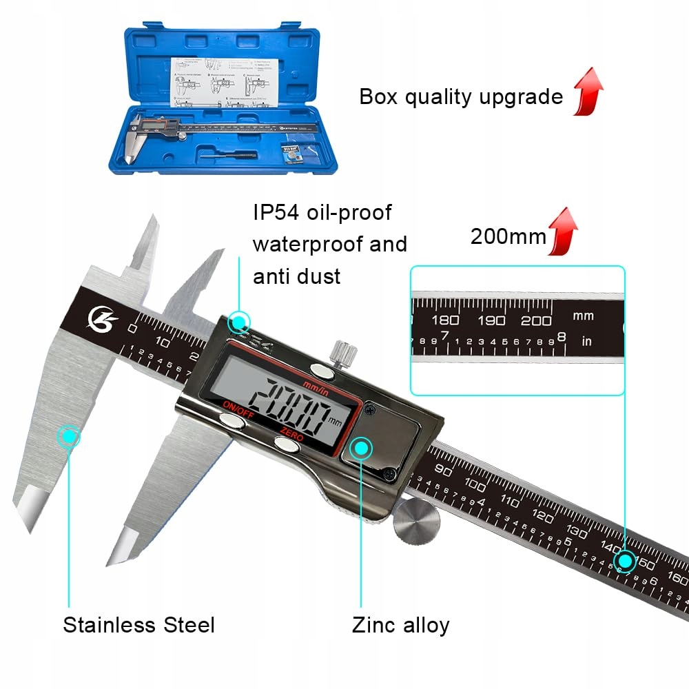 KETOTEK Suwmiarka Cyfrowa IP54 Wodoodporna 200mm Stal Nierdzewna LCD — miniatura 4