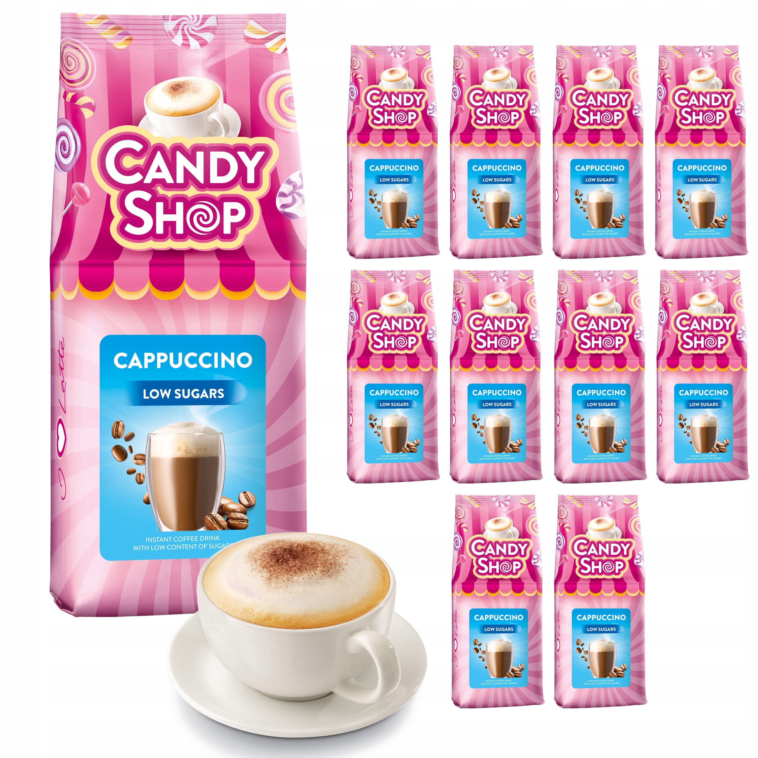 Sada 10 kusů Cappuccino Candy Shop Low Sugar Kávový nápoj 400 g