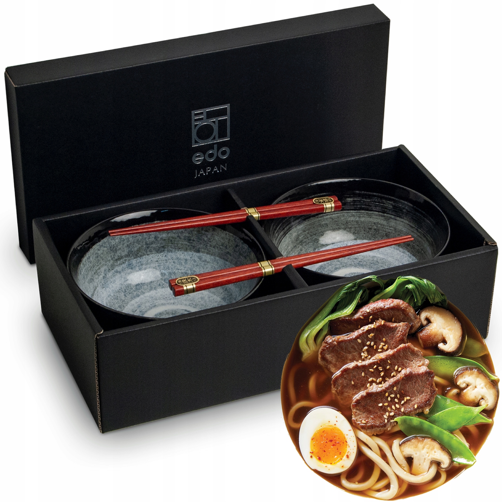 Sada tmavě šedé keramické misky 17 cm na polévku Udon s paličkami Kuro