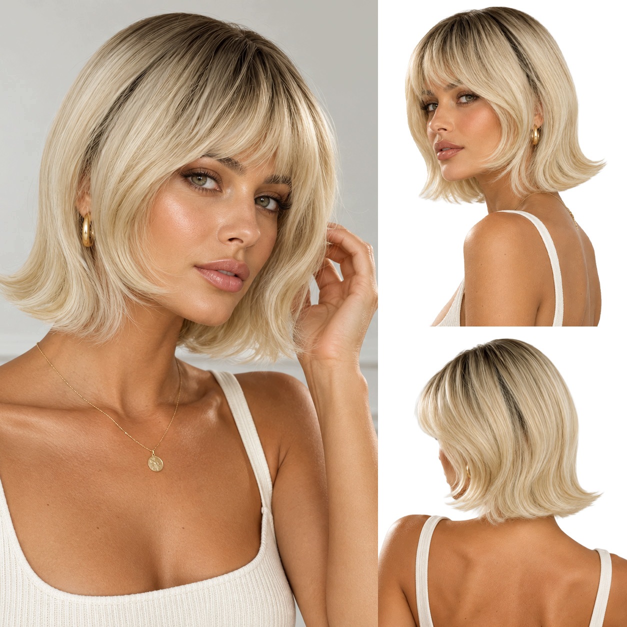 Peruka z włosów syntetycznych z grzywką półdługa ok. 27 cm blond ciemny