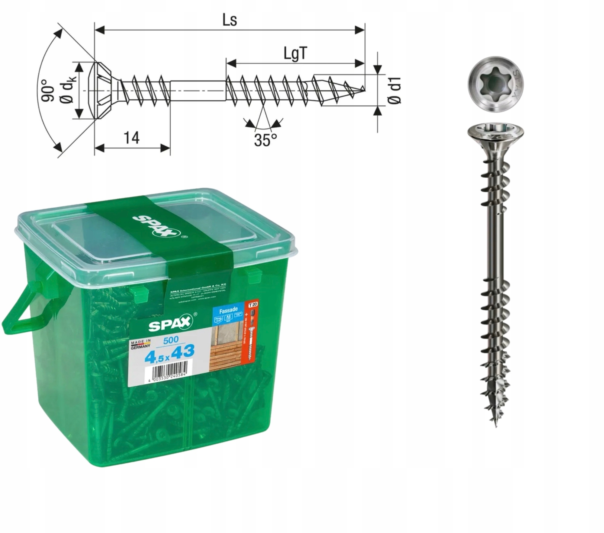 Šroub do fasádní desky, ocel A2 HKB/Spax 4,5 x 43 mm 500 ks